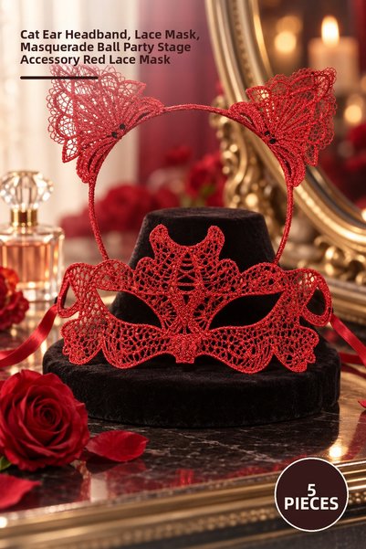 Yenilig 5 Pieces Fire Red Lace Crown and Mask Set – Cat Ear Crown, Lace Mask,...