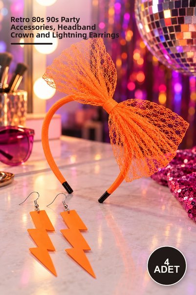 Yenilig 4-Piece Neon Orange Lace Bow Crown and Lightning Earring Set – Retro ...