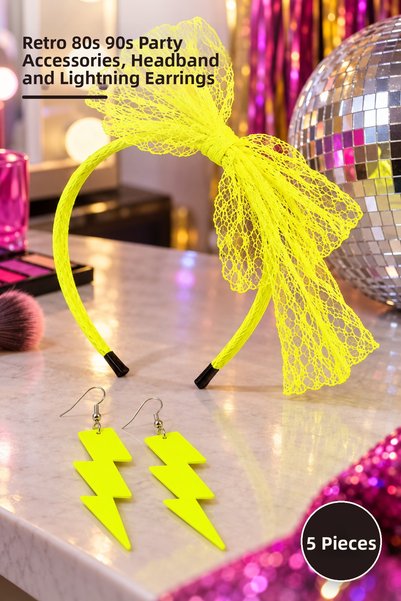 Yenilig 5-Piece Neon Yellow Lace Bow Crown and Lightning Earrings Set – Retro...