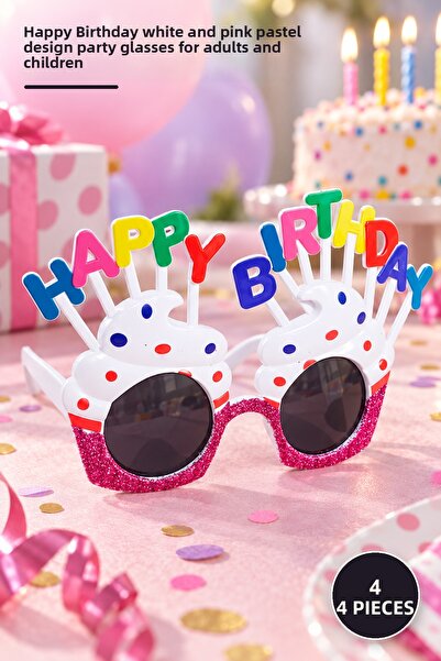Yenilig 4 Party Glasses – Happy Birthday Written on White Fuchsia Cake Design...