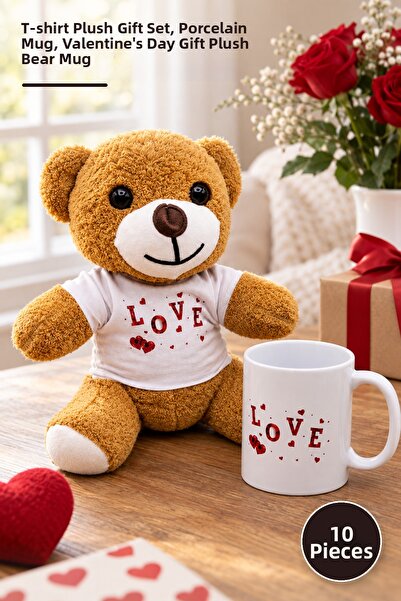 Yenilig 10 Pieces Love Printed Brown Plush Teddy Bear and Mug Set – Plush Gif...