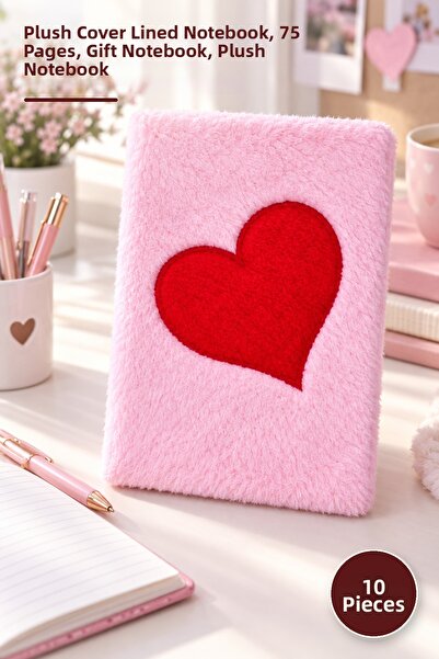 Yenilig 10 Pieces of Pink Notebook with Plush Heart – Lined Notebook with Plu...