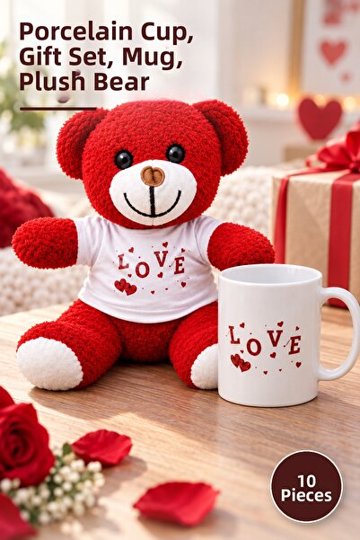Yenilig 10 Pieces Love Printed Mug, Cup and Red T-Shirt Plush Bear Set – Porc...