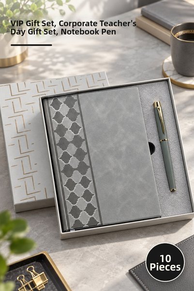Yenilig 10-Piece Boxed Gray Leather Patterned Notebook and Metal Pen Set – Vi...
