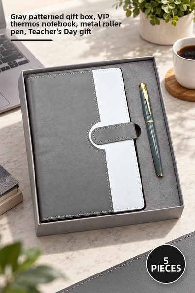 Yenilig 5-Piece Boxed Leather Notebook and Metal Roller Pen Set – Gray Patter...