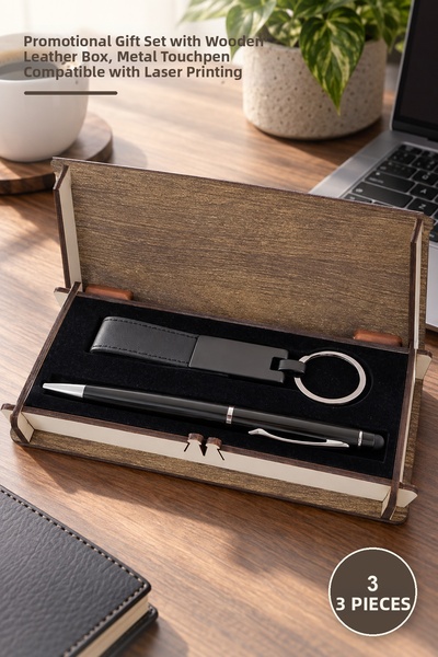 Yenilig 3-Piece Black Pen and Keychain Set with Wooden Box – Promotional Gift...