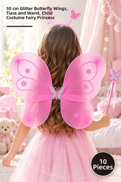 Yenilig 10 Pieces Pink Butterfly Girl Set – 50 cm Glitter Butterfly Wing, Cro...