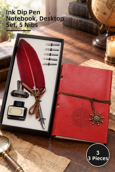 Yenilig 3-Piece Feather Dip Pen and Compass Printed Faux Leather Notebook Set...