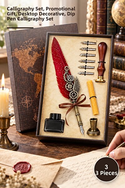 Yenilig 3-Piece Feathered Ink Dip Pen Set – Calligraphy Set, Promotional Gift...
