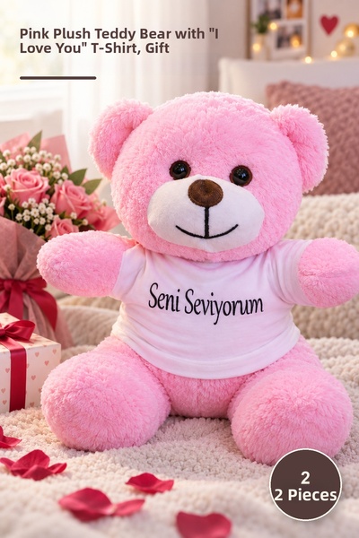 Yenilig 2 Plush Teddy Bears – Pink Plush Toy with I Love You Printed on T-Shi...