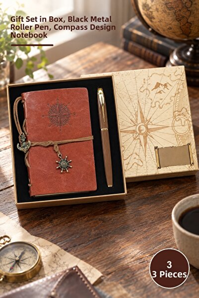 Yenilig 3-Piece Compass Printed Leather Notebook Pen Set – Boxed Vip Gift Set...