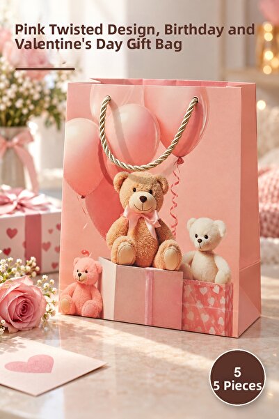 Yenilig 5 Pieces of Cardboard Teddy Bear Patterned Small Gift Bags – Pink Des...