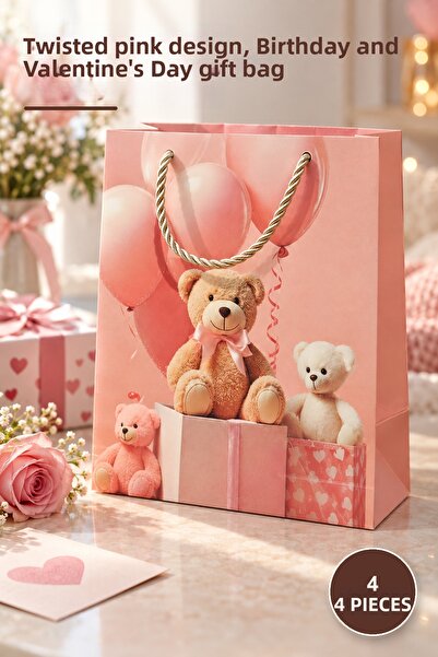 Yenilig 4 Pieces of Cardboard Teddy Bear Patterned Small Gift Bags – Pink Des...