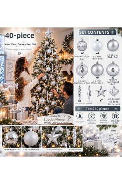 Altınkayaticaret 40-Piece Silver Christmas Tree Ornament Set – 40/60/70 mm Balls, Stars, and Hanging Ornaments