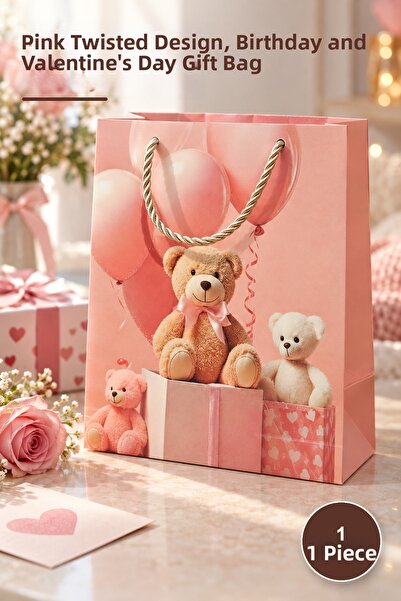 Yenilig 1 Piece Cardboard Teddy Bear Patterned Small Gift Bag – Pink Design w...