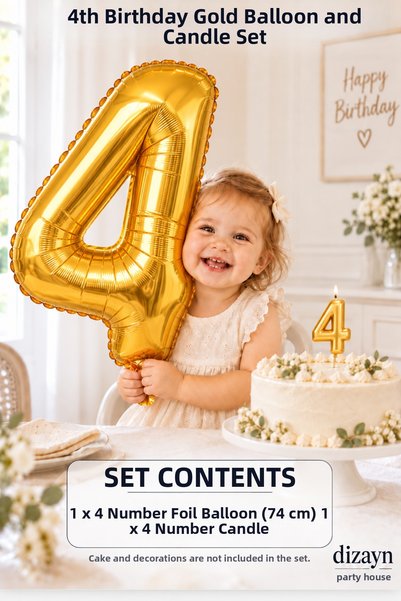 Dizayn Parti Evi 1-20 Years Old Gold Number Foil Balloon and Candle Set 74 cm...