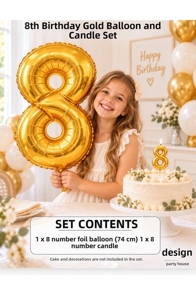 Dizayn Parti Evi 1-20 Years Old Gold Number Foil Balloon and Candle Set 74 cm...