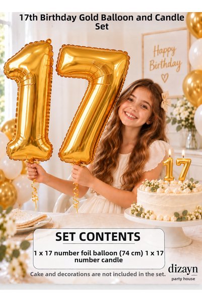 Dizayn Parti Evi 1-20 Years Old Gold Number Foil Balloon and Candle Set 74 cm...