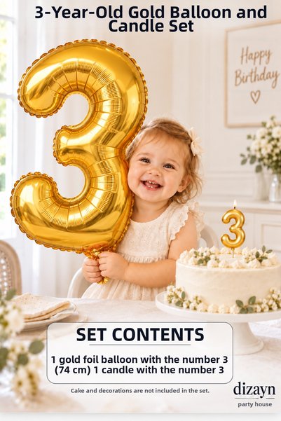 Dizayn Parti Evi 1-20 Years Old Gold Number Foil Balloon and Candle Set 74 cm...