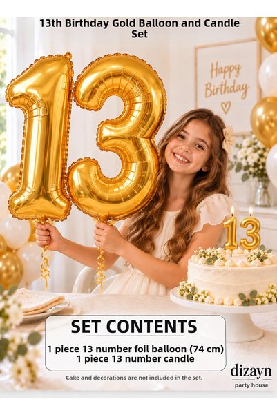Dizayn Parti Evi 1-20 Years Old Gold Number Foil Balloon and Candle Set 74 cm...