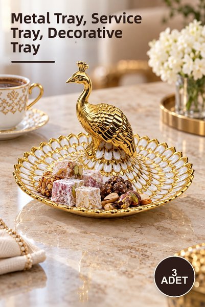 Yenilig 3-Piece Luxury Metal Presentation Tray with Peacock Figures – Metal T...