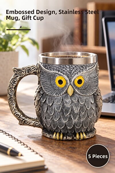 Yenilig 5 Pieces of 3D Embossed Stainless Steel Mug with Wise Owl Figure – Em...