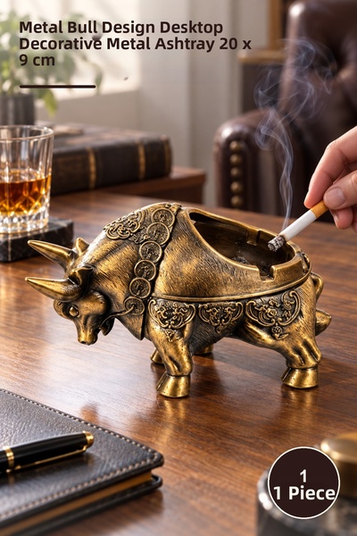Yenilig 1 Piece Ashtray – Desktop Decorative Metal Ashtray with Metal Bull De...
