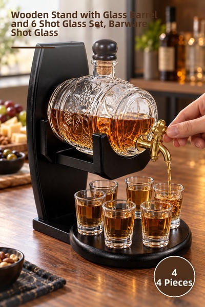 Yenilig 4-Piece Drink Serving Set – Glass Barrel with Wooden Stand and Presen...