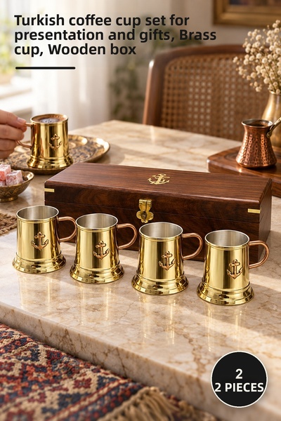 Yenilig 2-Piece Brass Cup Set with Wooden Box – Turkish Coffee Cup for Presen...