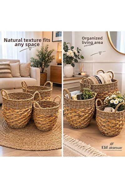 elif aksesuar Wicker 3-Piece Basket Organizer with Handles