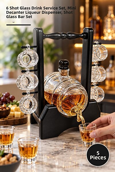 Yenilig 5-Piece Glass Barrel with Wooden Stand – 6 Shot Glasses Liquor Servin...