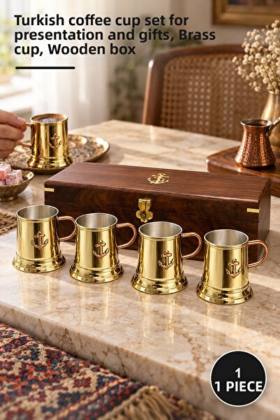 Yenilig 1 Piece Brass Cup Set with Wooden Box – Turkish Coffee Cup for Presen...
