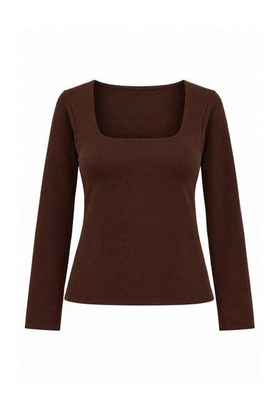 Trendyol Collection Brown Cotton Square Collar Regular Fit Knitted Blouse Two...