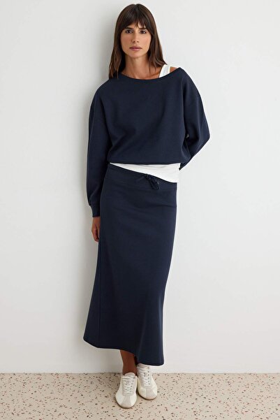 Trendyol Collection Navy Blue Oversize/Wide Fit Asymmetric Collar Skirted Thi...