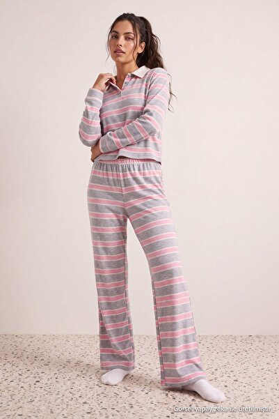 Trendyol Collection Gray Melange Pink Striped Collared Knitted Pajama Set Thm...