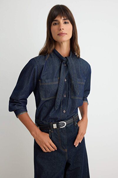 Trendyol Collection Dark Blue Collar Detailed Denim Shirt Twoaw27Go00119