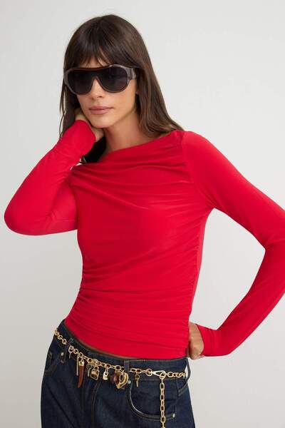 Trendyol Collection Red Boat Neck Draped Bodycon Stretch Knitted Blouse Twoaw...