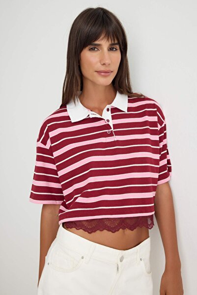 Trendyol Collection Plum Striped Polo Collar Buttoned Relaxed/Casual Cut Crop...