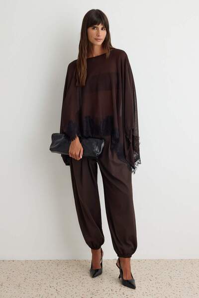 Trendyol Collection Brown Boat Neck Lace Detailed Bat Sleeve Cape Knitwear Sw...