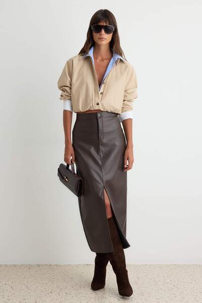 Trendyol Collection Brown Slit Faux Leather High Waist Maxi Knitted Skirt Two...