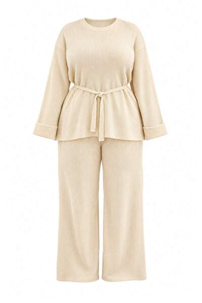 Trendyol Curve Ecru Corduroy Belted Trousers & Sweater Knitwear Bottom - Top ...