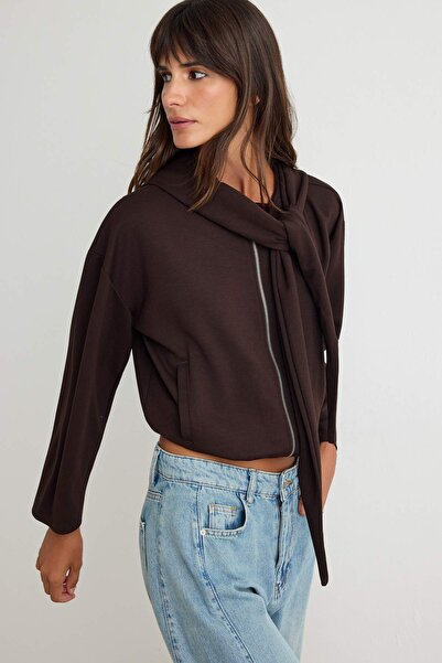 Trendyol Collection Brown Soft Touch Hooded Zippered Oversize Knitted Cardiga...