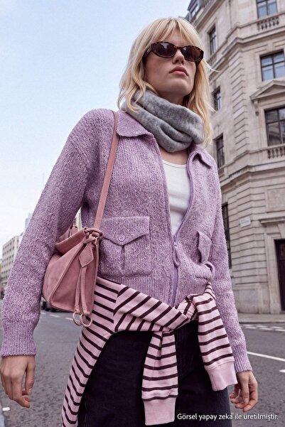 Trendyol Collection Lilac Polo Collar Thick Oversize Zippered Knitwear Cardig...