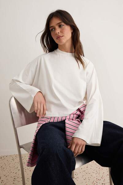 Trendyol Collection Ecru High Collar Oversize Fit Cotton Knitted T-Shirt Twoa...
