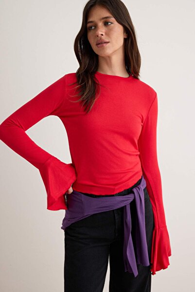 Trendyol Collection Red Fitted/Ruffled Premium Soft Knitted Blouse Twoss26Bz0...