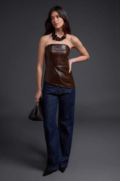 Trendyol Collection Brown Plain Fitted/Bodycon Strapless Sleeveless Asymmetri...