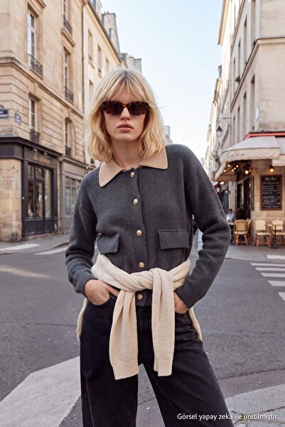 Trendyol Collection Anthracite Contrast Collar Detailed Coatigan Knitwear Car...