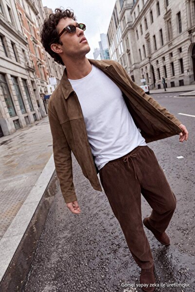 Trendyol Kollektion Braune Herrenhose aus Samt mit elastischem Bund, normale ...