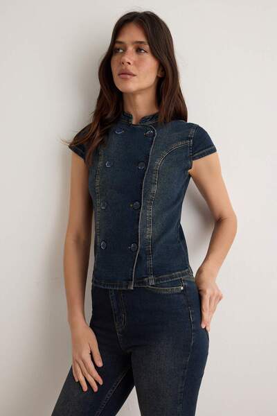 Trendyol Collection Dark Blue Button Detailed Denim Blouse Twoaw27Bz00311
