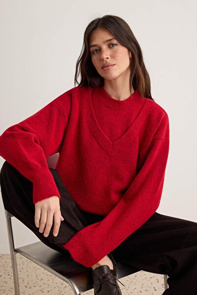 Trendyol Collection سترة تريكو حمراء ناعمة الملمس ذات ياقة مزدوجة TWOAW27KZ00313